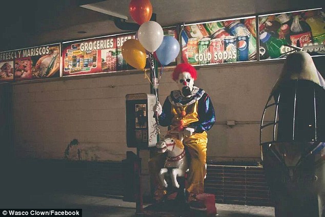 People dressed as clowns are causing a stir in California's San Joaquin Valley. Here, a clown is seen in Wasco, between San Francisco and Los Angeles